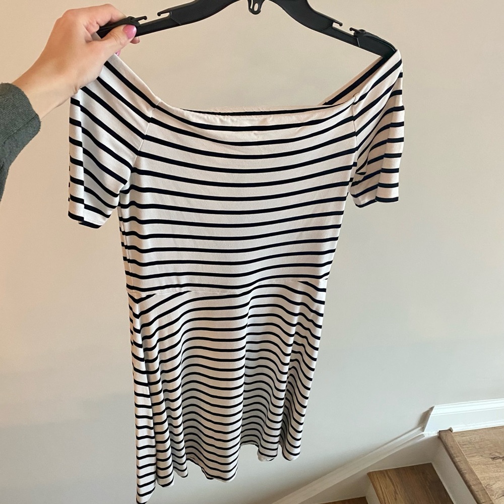 White House Black Market stripes off the shoulder dress